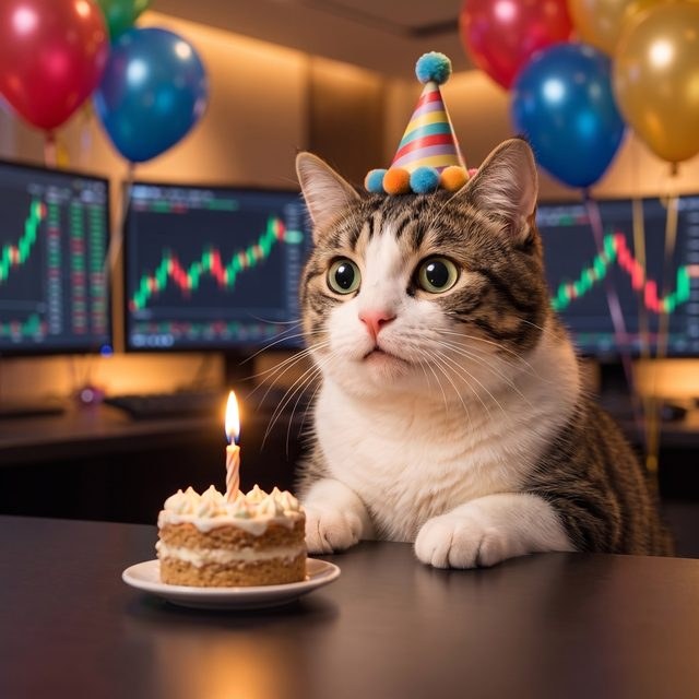 Levercat in a party hat with a cake
