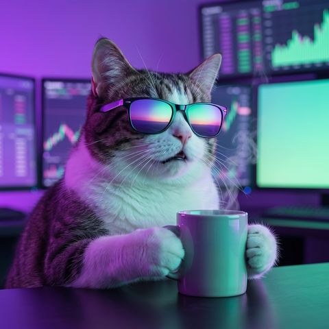Levercat in mirrored sunglasses with a mug