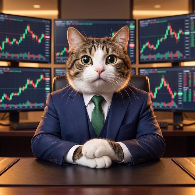 Levercat in a suit at a bank of monitors