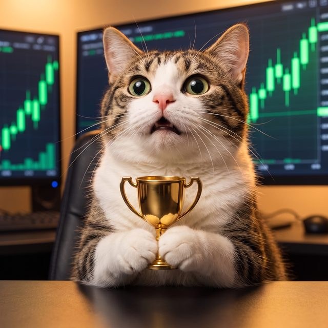 Levercat holding a small golden trophy